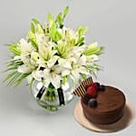 Lilies Happiness Arrangement With Chocolate Cake