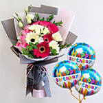 Majestic Mixed Flowers Beautifully Tied Bouquet With Birthday Balloons