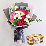 Majestic Mixed Flowers Beautifully Tied Bouquet With Ferrero Rocher