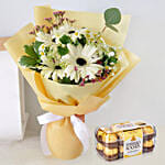 Peaceful White Gerberas Bouquet With Ferrero Rocher