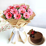 Refreshing Dark Pink Gerberas Bouquet With Chocolate Cake