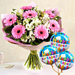 Serene Gerberas N Alstroemeria Bouquet With Birthday Balloon