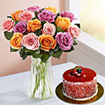 Beautiful 18 Mixed Roses Arrangement Mousse Cake