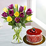 Blissful 15 Mixed Tulips Arrangement Mousse Cake