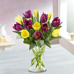 Blissful 15 Mixed Tulips Glass Vase Arrangement
