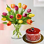 Heavenly 15 Multicoloured Tulips Vase Mousse Cake