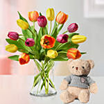 Heavenly 15 Multicoloured Tulips Vase Teddy Bear
