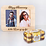 personalised happy anniversary wooden photo frame with chocolates