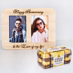 personalised happy anniversary wooden photo frame with chocolates