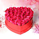 Dark Pink Roses In Heart Shape Box With Cake