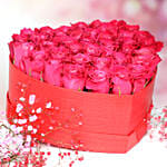 Dark Pink Roses In Heart Shape Box With Cake