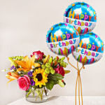 Heavenly Mixed Flowers Glass Vase With Birthday Balloons