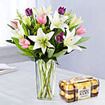 Medley Of Lilies And Tulips With Ferrero Rocher
