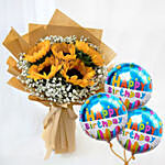 Ravishing Sunflowers With Birthday Balloons