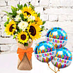 Sunflower Galored Bunch With Birthday Balloons