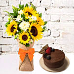 Sunflower Galored Bunch With Chocolate Cake
