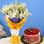 Beautiful 7 White Oriental Lilies Bouquet with Mini Mousse Cake