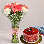 Gerberas White Carnations In Glass Vase with Mini Mousse Cake