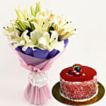 Lovely White Oriental Lilies Bouquet with Mini Mousse Cake