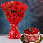 Red Elegance Gerbera Blossoms with Mini Mousse Cake