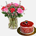 Red Pink Roses with Mini Mousse Cake