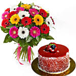 Summery Gerbera Blooming Bouquet with Mini Mousse Cake