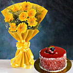 Yellow Mystique Gerbera Blossoms with Mini Mousse Cake