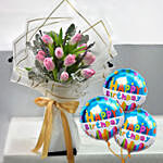 Lovely Pink Tulips Bouquet With Birthday Balloons