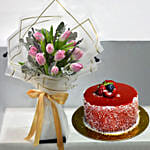 Lovely Pink Tulips Bouquet With Cake