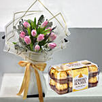 Lovely Pink Tulips Bouquet With Ferrero Rocher
