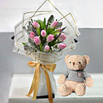 Lovely Pink Tulips Bouquet With Teddy Bear