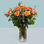 12 Attractive Orange Roses Glass Vase Arrangement