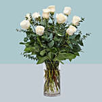 12 Bright White Roses Glass Vase Arrangement