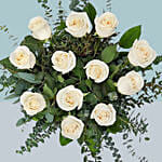 12 Bright White Roses Glass Vase Arrangement