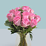 Pink Roses Arrangement In A Glass Vase