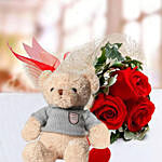 3 Red Roses and Brown Teddy Combo