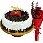Black Forest Happy Birthday Cake With Roses Bouquet