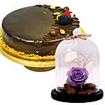 Chocolate Cake & Purple Forever Rose In Glass Dome
