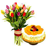 Colourful Tulips Bunch and Chocolate Cake