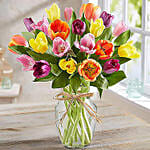 20 Multicolored Tulips In Glass Vase