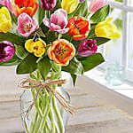 20 Multicolored Tulips In Glass Vase