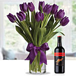 10 Sweet Tulips In Glass Vase With Tesco Rosso Wine
