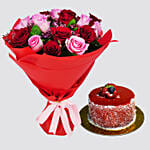 10 Pink & 10 Red Roses Bouquet With Mini Mousse Cake