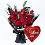 Beautiful Boquet Of 24 Red Roses With I Love You Balloon