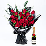 Beautiful Boquet Of 24 Red Roses With Mini Moet Champagne 200 Ml