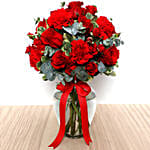 Red Flowers In Glass Vase With I Love You Balloon For Valentines