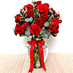 Red Flowers In Glass Vase With I Love You Balloon For Valentines