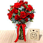 Red Flowers In Glass Vase With I Love You Table Top For Valentines