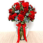 Red Flowers In Glass Vase With I Love You Table Top For Valentines