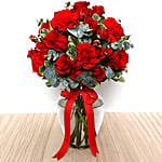 Red Flowers In Glass Vase With Mini Mousse Cake For Valentines